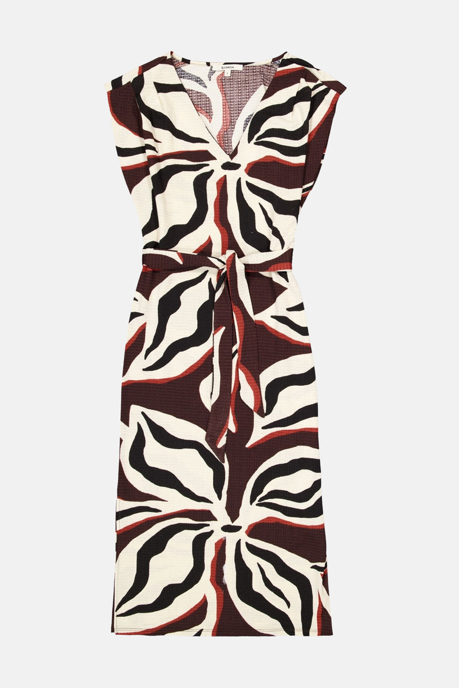 Multicolored sleeveless wrap dress by K. Garcia with bold leaf pattern, textured fabric, and front tie detail, shown in front view