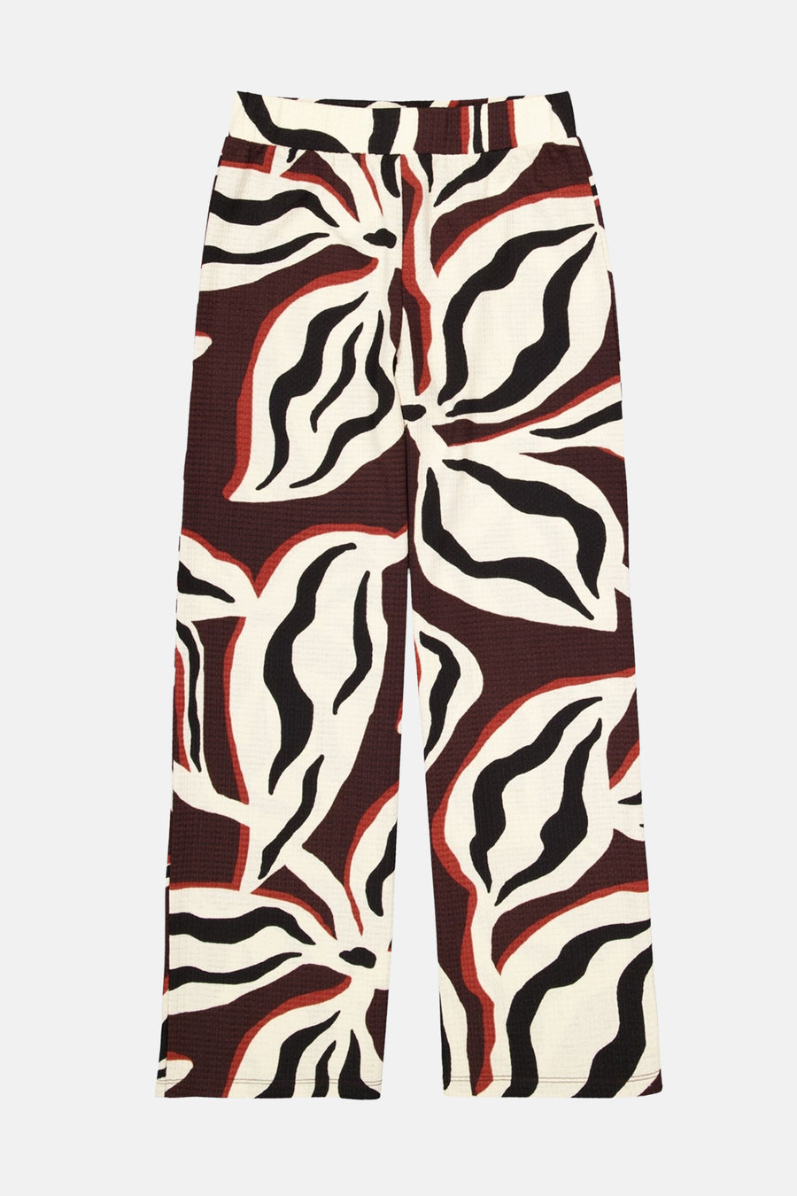 Multicolored wide-leg elastic waist trousers with bold floral pattern in cream, black, and burgundy, front view