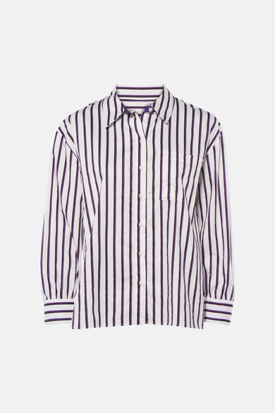 Blouse à manches longues violette et blanche rayée par SENSO, col classique, poche poitrine, boutonnage frontal