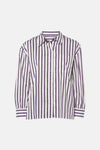 Blouse à manches longues violette et blanche rayée par SENSO, col classique, poche poitrine, boutonnage frontal