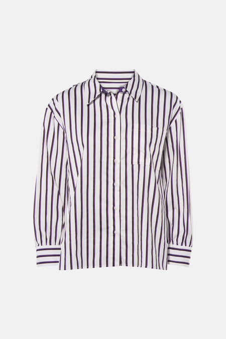 Blouse à manches longues violette et blanche rayée par SENSO, col classique, poche poitrine, boutonnage frontal