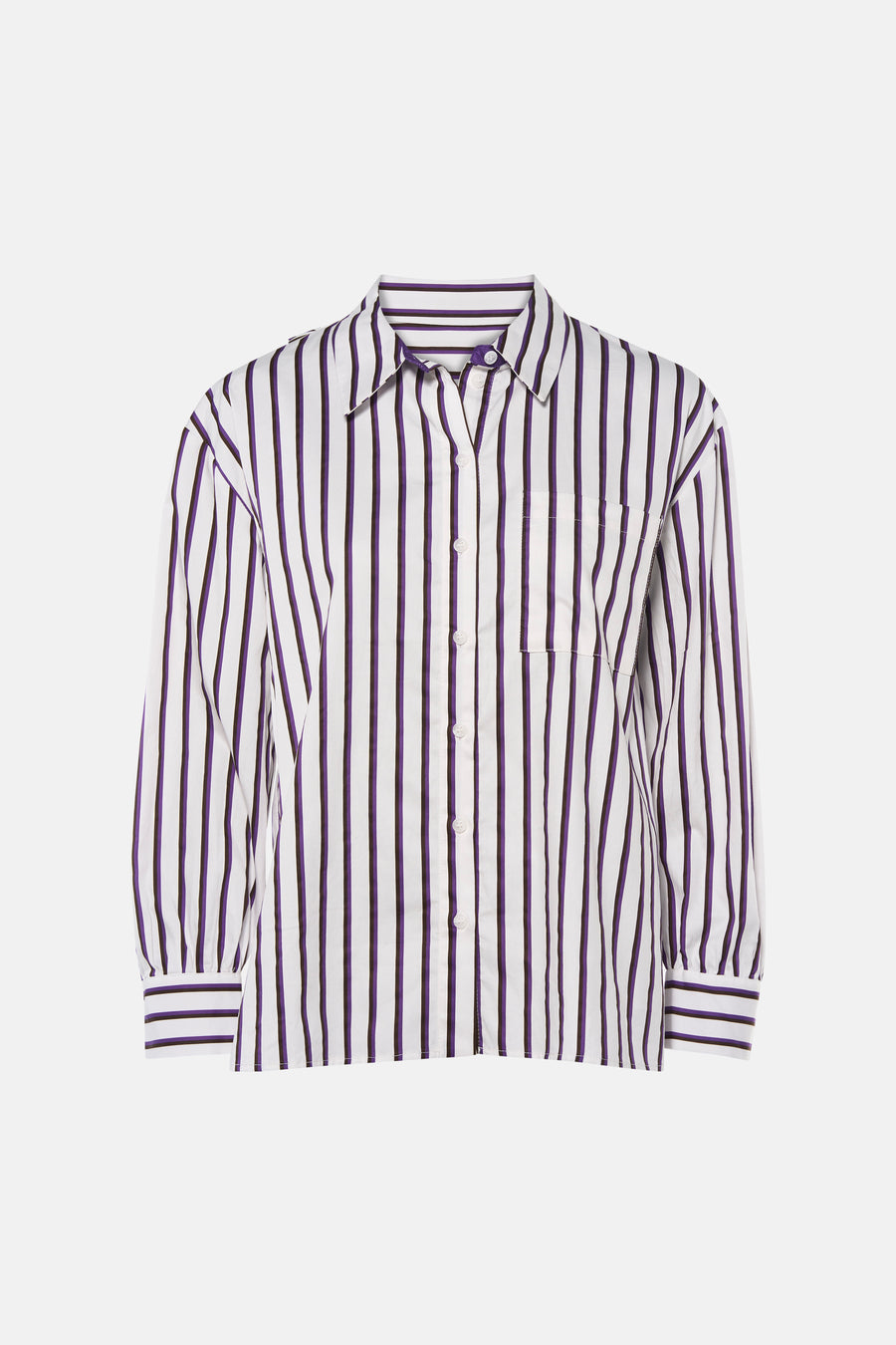 Blouse à manches longues violette et blanche rayée par SENSO, col classique, poche poitrine, boutonnage frontal