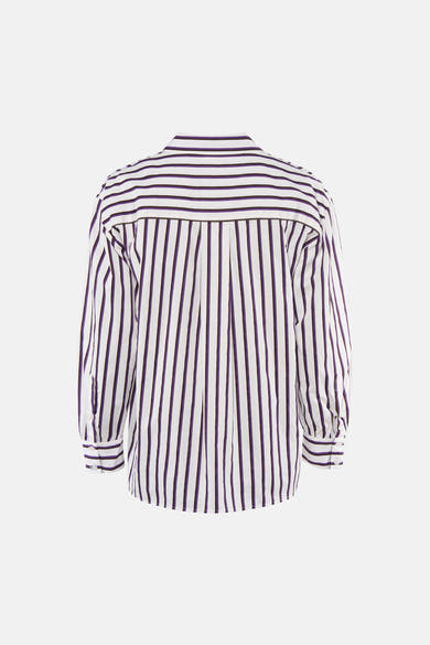 Blouse à manches longues violette et blanche à rayures verticales par SENSO, vue dos, col classique, poignets boutonnés