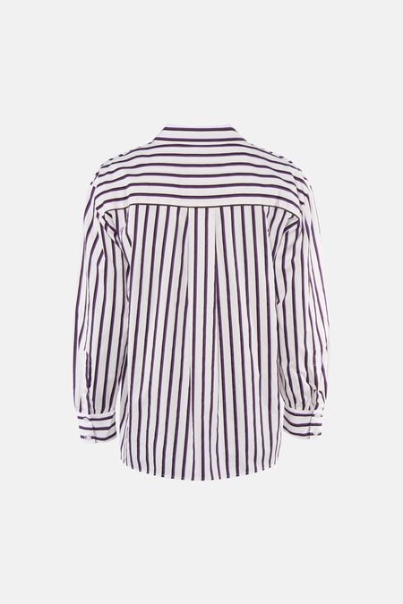 Blouse à manches longues violette et blanche à rayures verticales par SENSO, vue dos, col classique, poignets boutonnés