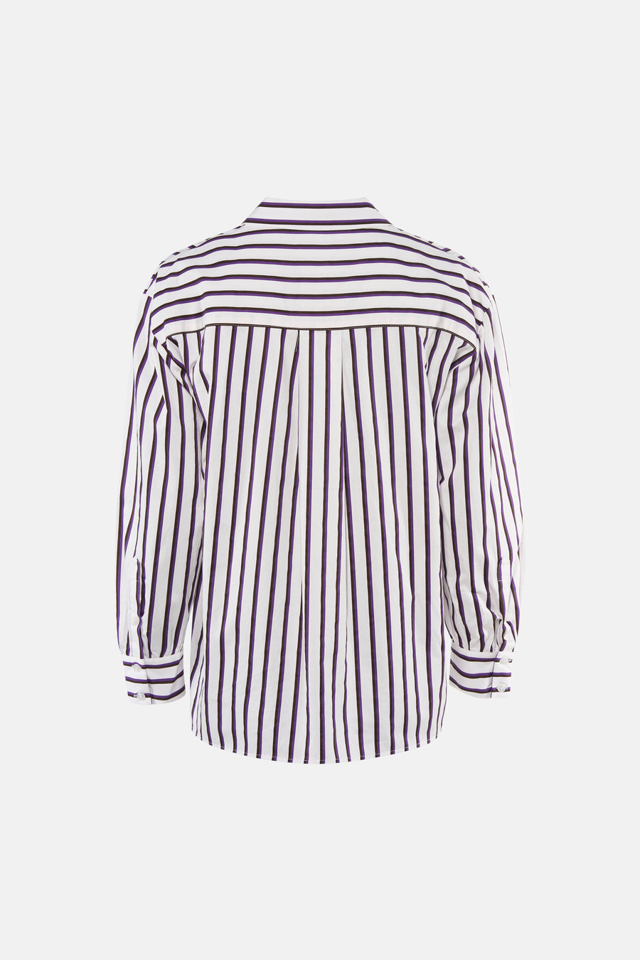 Blouse à manches longues violette et blanche à rayures verticales par SENSO, vue dos, col classique, poignets boutonnés
