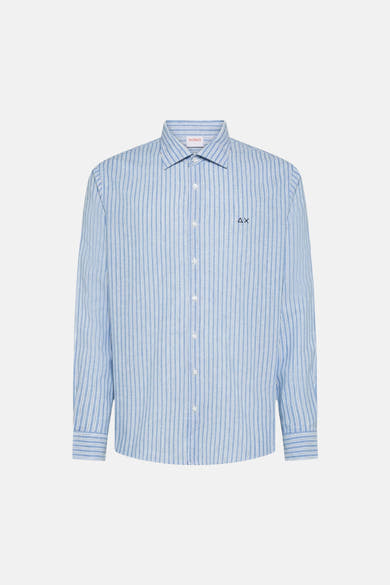 Blauw gestreept overhemd met verticale strepen van SUN 68, met geborduurd logo en klassieke pasvorm.