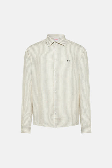 Beige gestreept overhemd van SUN 68, met logo op de borst en lange mouwen.