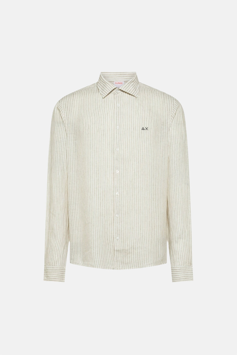 Beige gestreept overhemd van SUN 68, met logo op de borst en lange mouwen.