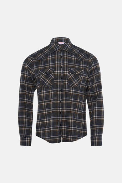 Grey plaid long-sleeve shirt by SUN68 with two chest pockets and button-down front, front view