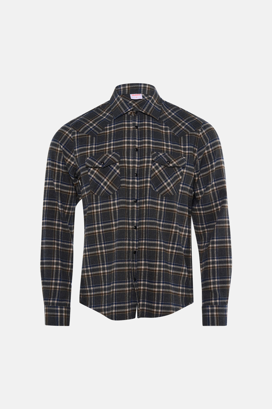 Grey plaid long-sleeve shirt by SUN68 with two chest pockets and button-down front, front view