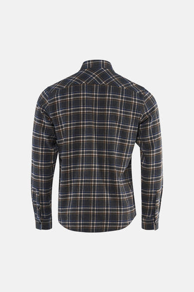 Grey long-sleeve plaid shirt back view featuring navy, brown, and white check pattern with buttoned cuffs and classic collar.