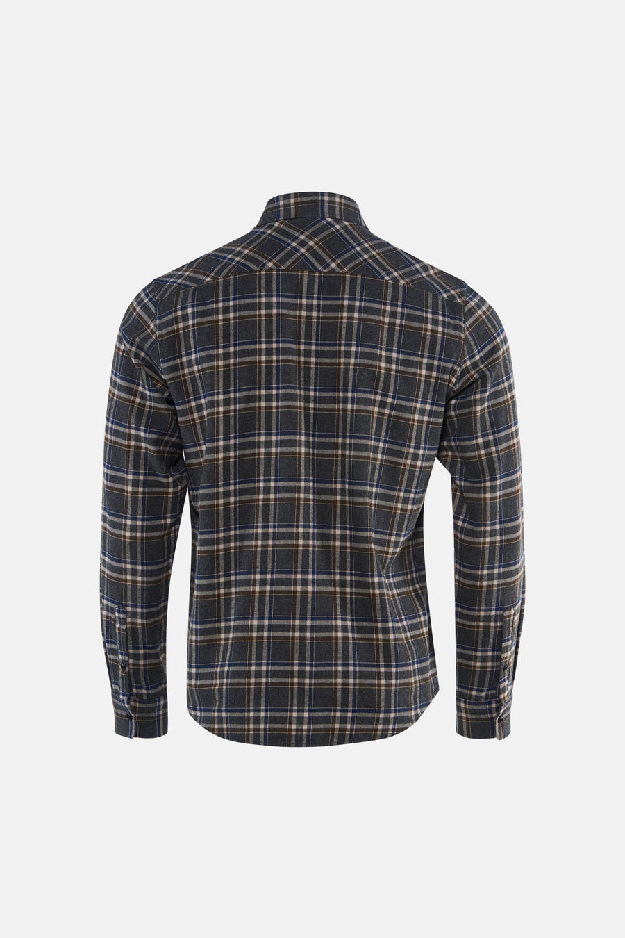 Grey long-sleeve plaid shirt back view featuring navy, brown, and white check pattern with buttoned cuffs and classic collar.