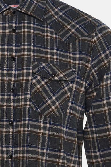 Grey long-sleeve plaid shirt by UN68, featuring navy and cream check pattern, chest pocket with button flap, close-up front view