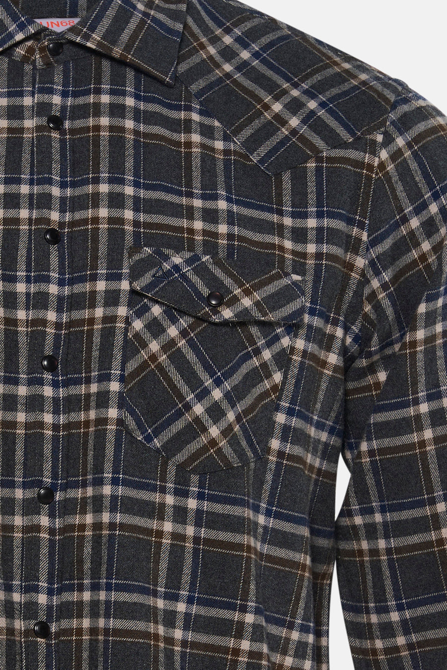 Grey long-sleeve plaid shirt by UN68, featuring navy and cream check pattern, chest pocket with button flap, close-up front view