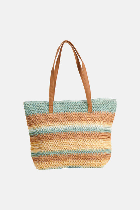 Sac à bandoulière multicolore de Access® en paille tressée à rayures avec anses marron.