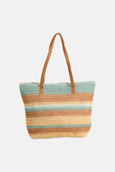 Sac à bandoulière multicolore de Access® en paille tressée à rayures horizontales vertes, beiges et marron, avec anses en cuir.
