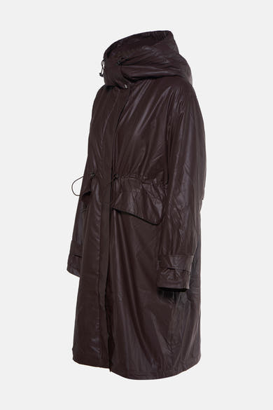 Veste courte marron en cuir synthétique par AMELIE ET AMELIE, avec capuche et cordon de serrage à la taille.