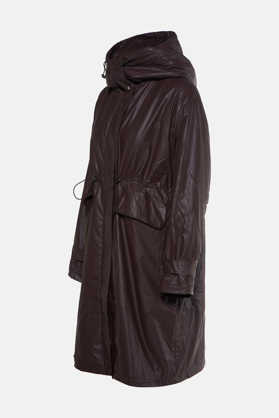 Veste courte marron en cuir synthétique par AMELIE ET AMELIE, avec capuche et cordon de serrage à la taille.