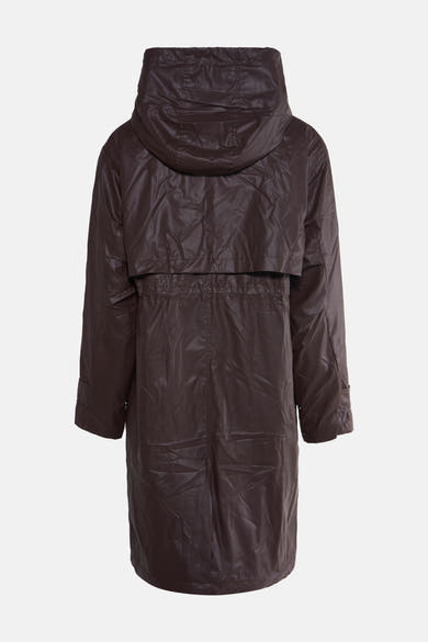 Veste courte marron d'AMELIE ET AMELIE, avec une capuche et un cordon de serrage à la taille.