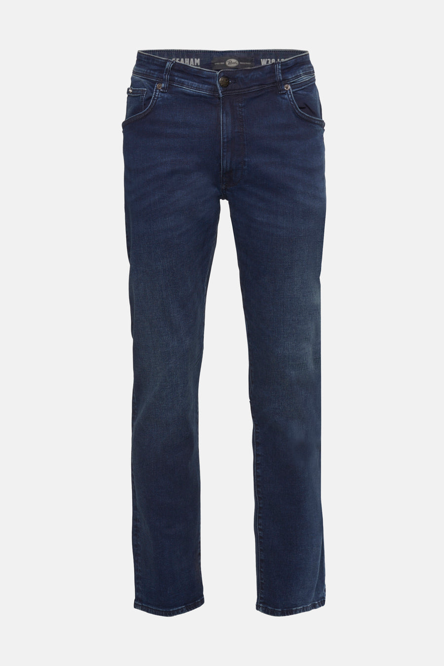Slim jeans in donkerblauw denim van Petrol Industries, met stikseldetails en zichtbaar leren etiket.