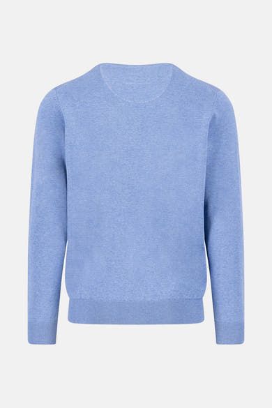 Pull à col rond bleu de FYNCH-HATTON, en maille fine et uniforme, présenté de dos.
