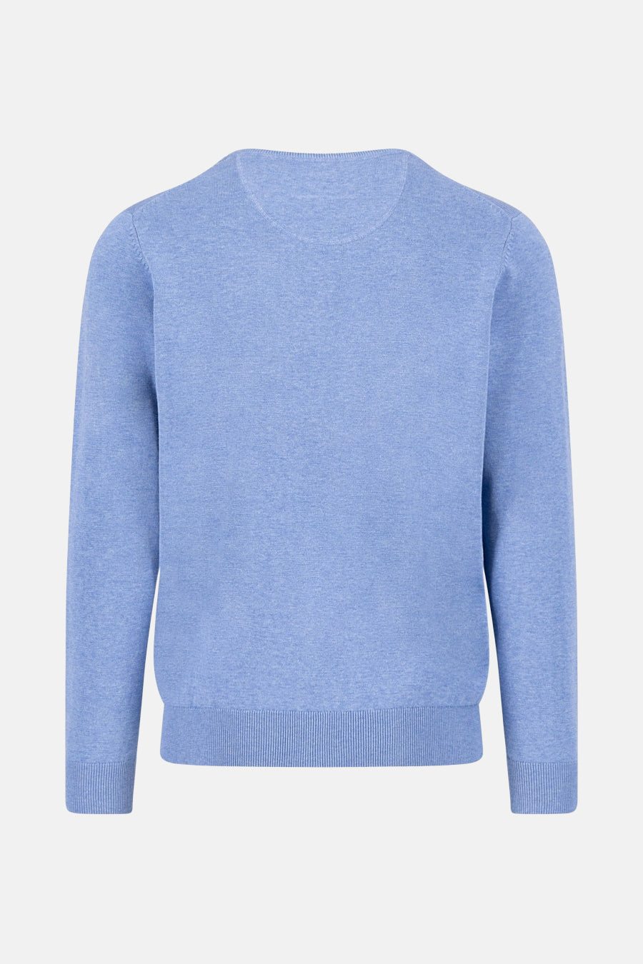 Pull à col rond bleu de FYNCH-HATTON, en maille fine et uniforme, présenté de dos.
