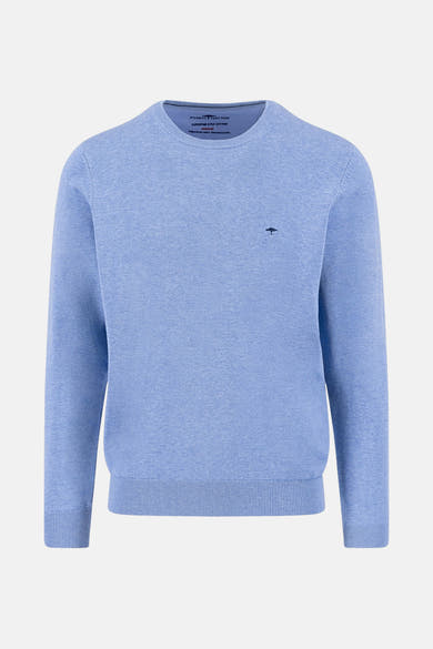 Pull à col rond bleu de FYNCH-HATTON en maille fine texturée avec logo discret.