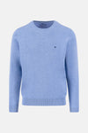 Pull à col rond bleu de FYNCH-HATTON en maille fine texturée avec logo discret.