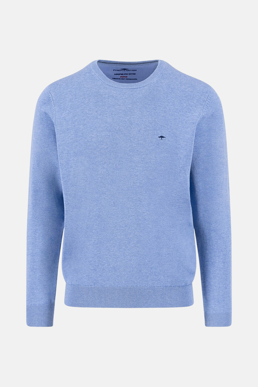Pull à col rond bleu de FYNCH-HATTON en maille fine texturée avec logo discret.