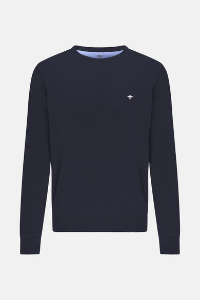 Pull à col rond bleu foncé de FYNCH-HATTON avec un logo discret sur la poitrine.