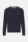 Pull à col rond bleu foncé de FYNCH-HATTON avec un logo discret sur la poitrine.