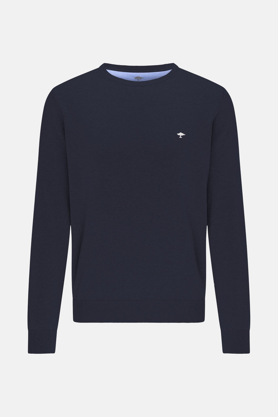 Pull à col rond bleu foncé de FYNCH-HATTON avec un logo discret sur la poitrine.