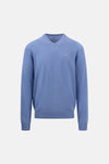 Pull à col en V bleu de FYNCH-HATTON avec logo brodé discret sur la poitrine.