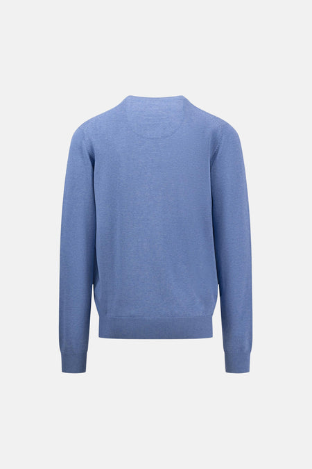 Pull à col en V bleu de FYNCH-HATTON, avec une texture fine et un col soigné, vue de dos.