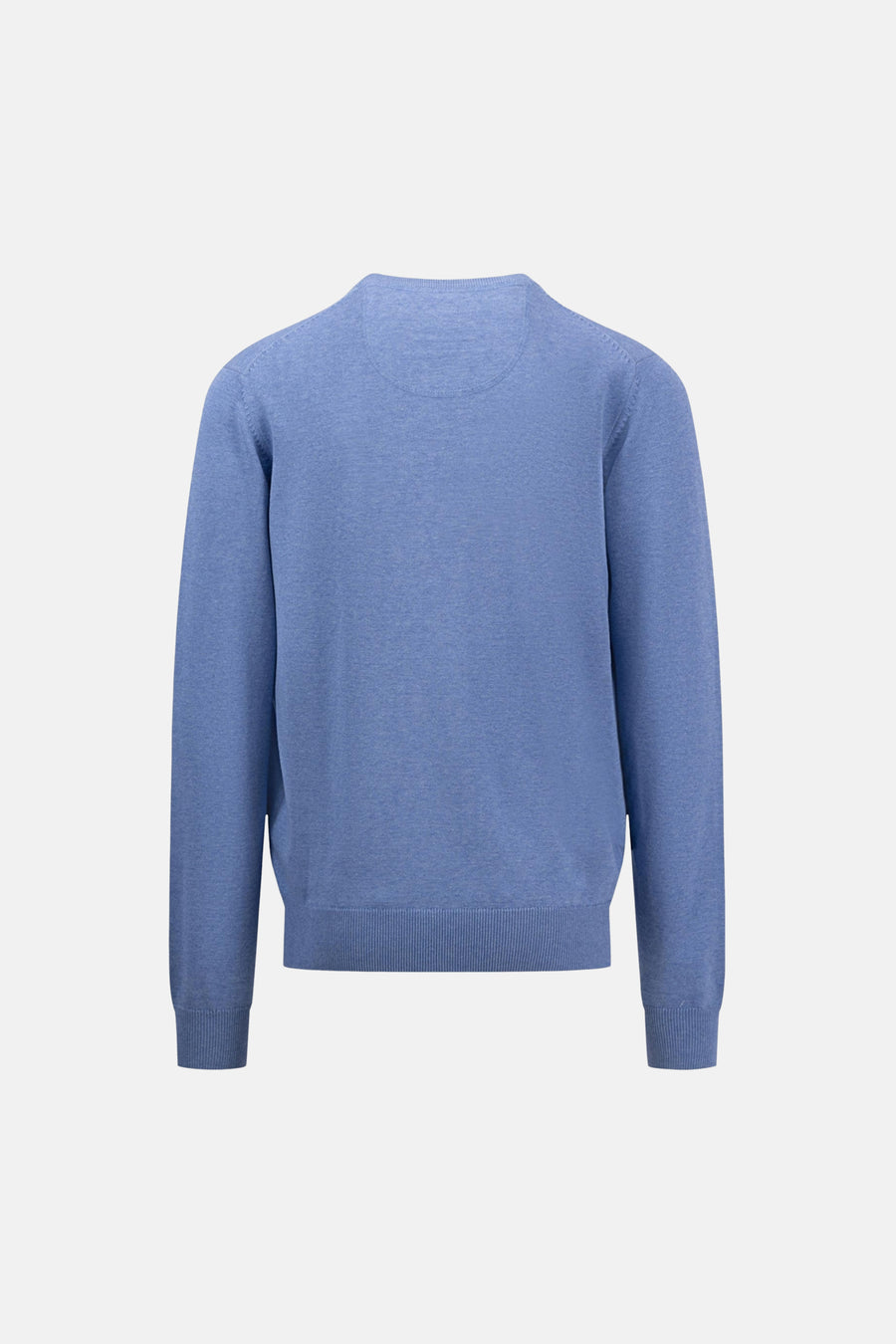 Pull à col en V bleu de FYNCH-HATTON, avec une texture fine et un col soigné, vue de dos.