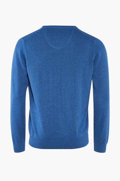 Pull à col en V bleu de Fynch-Hatton, vue arrière, en maille fine.