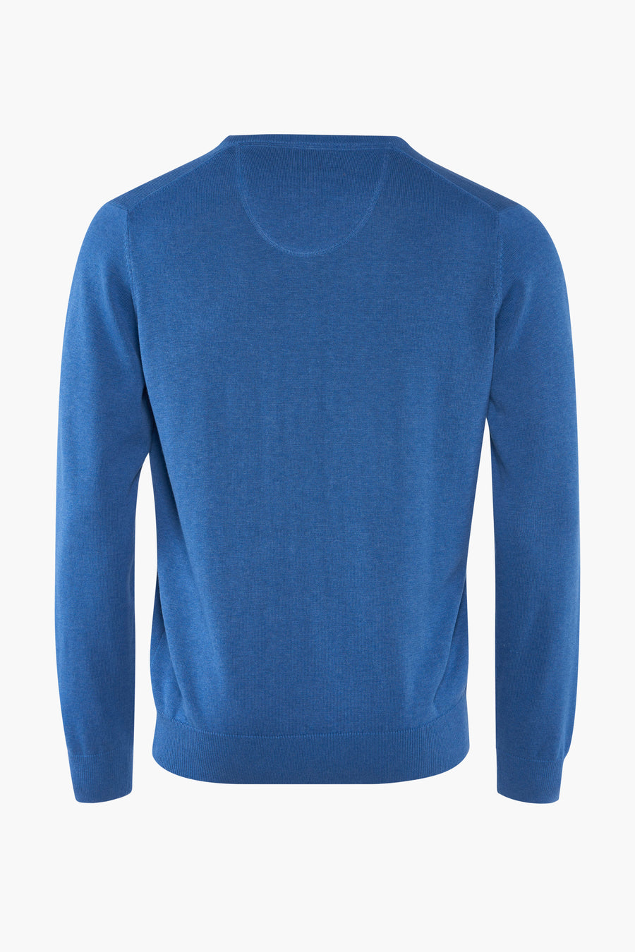 Pull à col en V bleu de Fynch-Hatton, vue arrière, en maille fine.