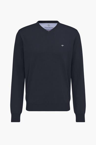 Pull bleu en maille de Fynch-Hatton avec logo brodé discret sur la poitrine.