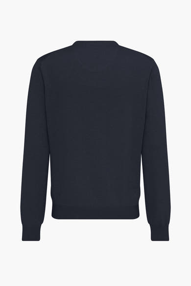 Pull bleu de Fynch-Hatton, en maille fine, avec manches longues et col rond, présenté de dos.
