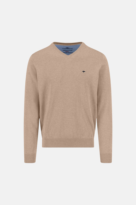 Taupe V-hals trui van FYNCH-HATTON met een fijne textuur en een klassieke pasvorm.