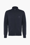 Gilet bleu de Fynch-Hatton avec fermeture éclair complète et logo discret sur la poitrine.