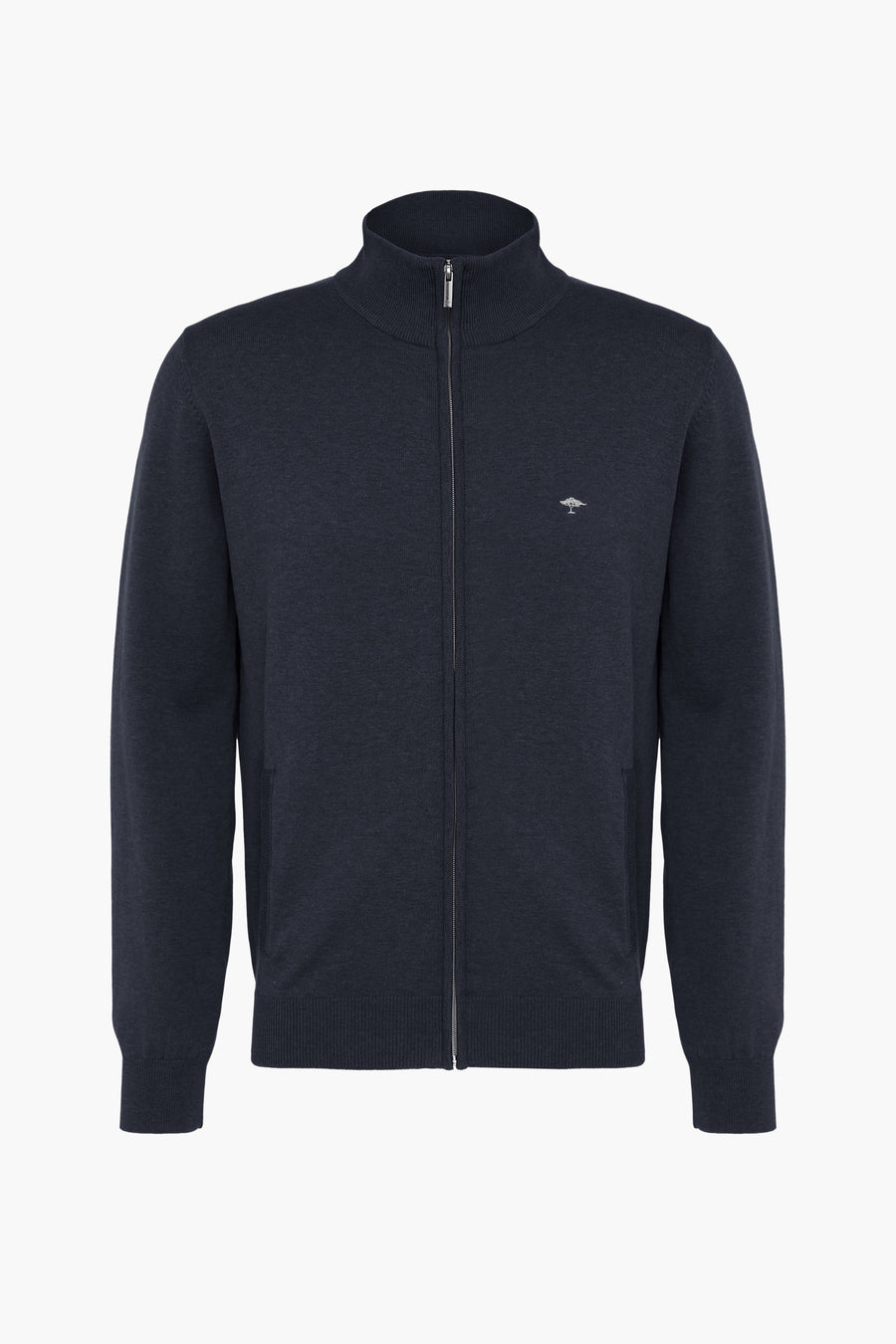 Gilet bleu de Fynch-Hatton avec fermeture éclair complète et logo discret sur la poitrine.