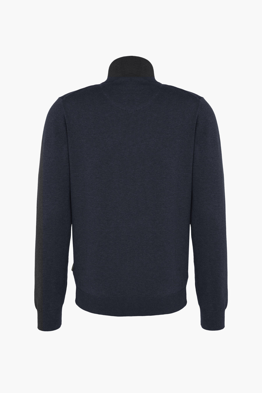 Gilet bleu de Fynch-Hatton, en tricot, avec col montant et manches longues, vue de dos.
