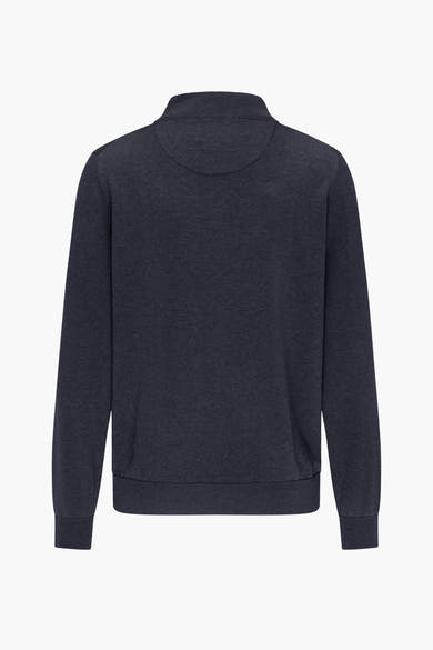 Blauwe marinelint van Fynch-Hatton, in gestructureerde tricot, met een doorsnijbare standkraag, rugzicht.