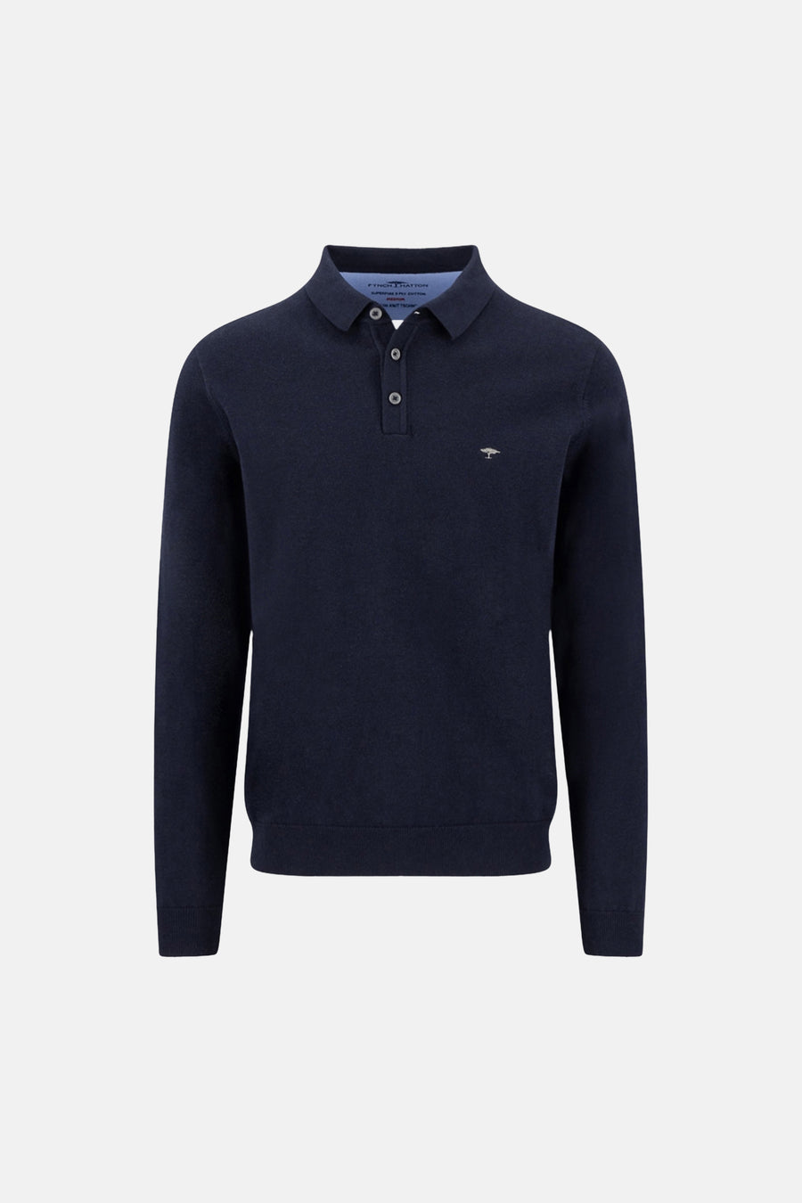 Polo à manches longues bleu de FYNCH-HATTON, avec patte de boutonnage et logo brodé discret.
