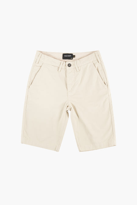 Beige Bermuda van LYLE & SCOTT, met knoopbare achterzakken en geborduurd vlinderlogo.