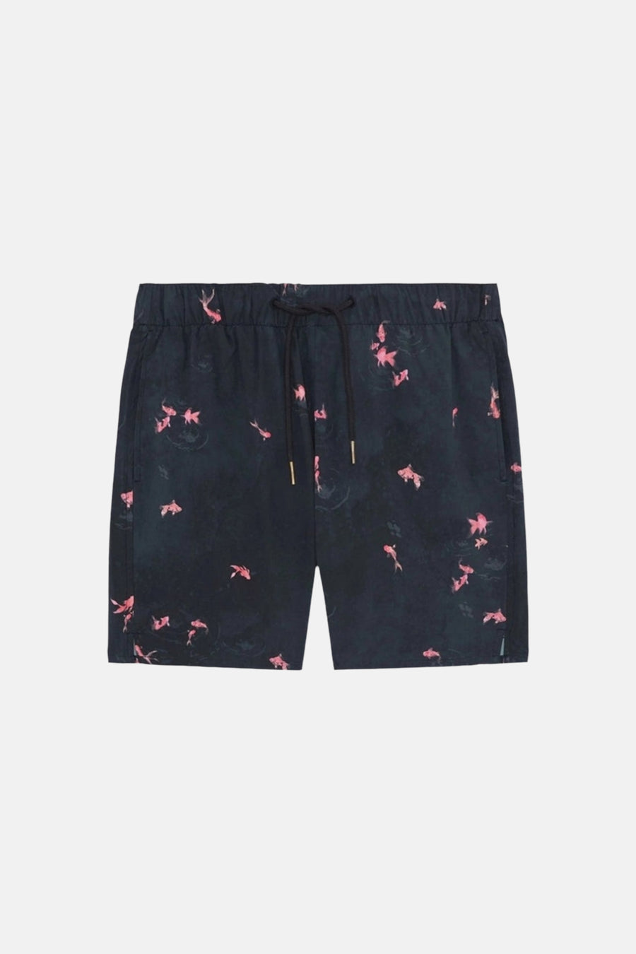 Short de bain bleu marine de LYLE & SCOTT à imprimé carpes koï roses, taille élastique et cordon noir.