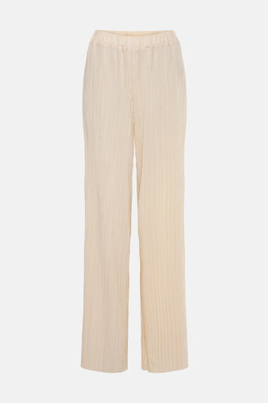 Beige geplooide broek van Zabaione, met een elastische tailleband en een gekreukte textuur.