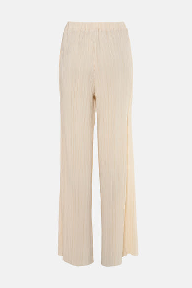 Beige geplooide broek van ZABAIONE met wijde pijpen en elastische tailleband.