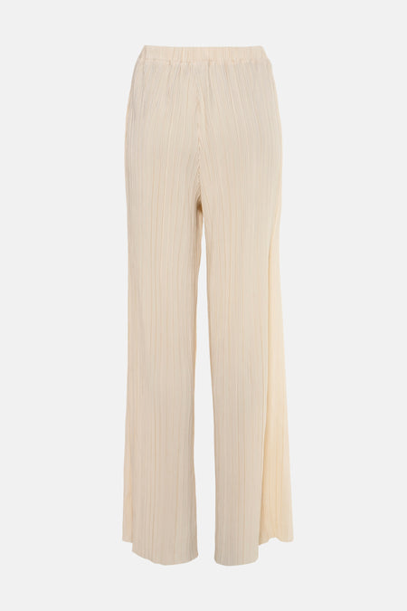 Beige geplooide broek van ZABAIONE met wijde pijpen en elastische tailleband.